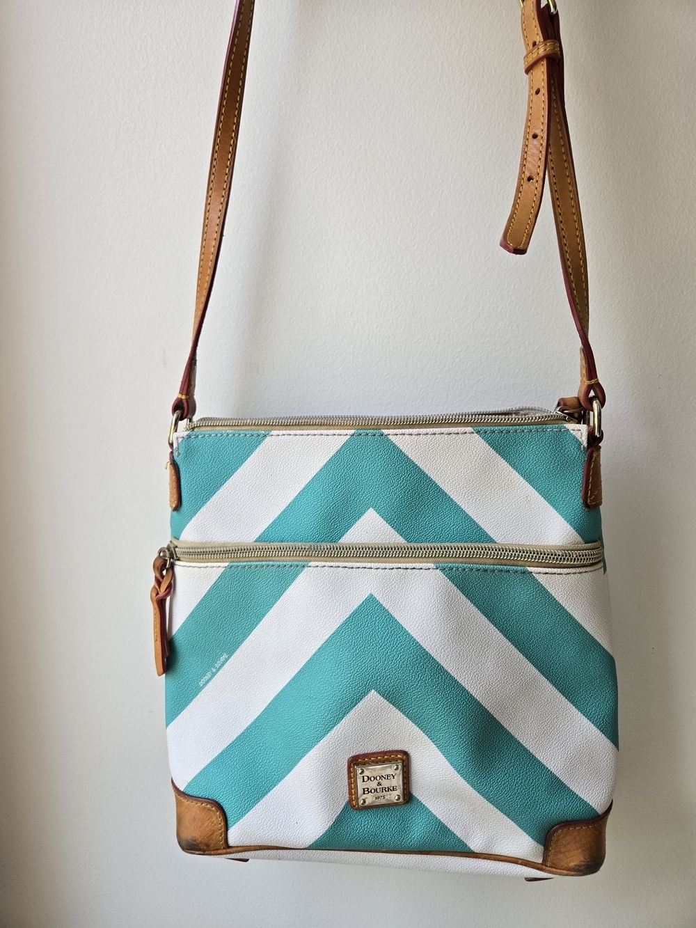 Dooney & Bourke Teal and White Chevron Crossbody Purse with Leather Trim